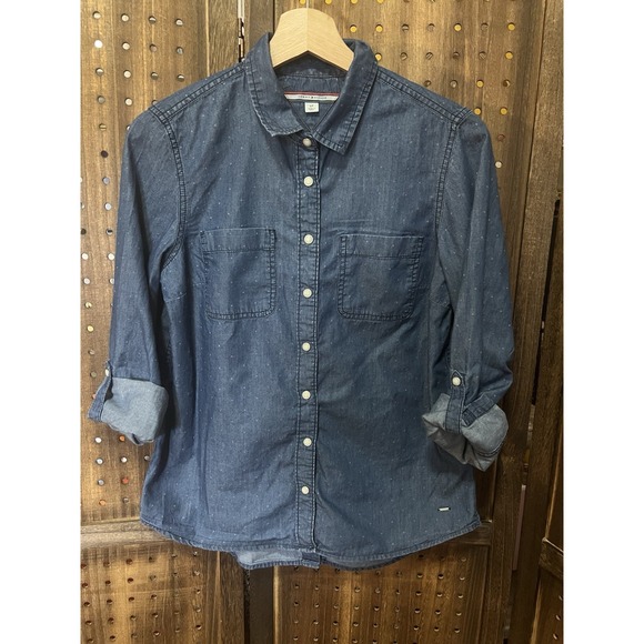 Tommy Hilfiger Tops - Tommy Hilfiger Chambray Denim Shirt Size S/P Pearl Snaps Polka Dots